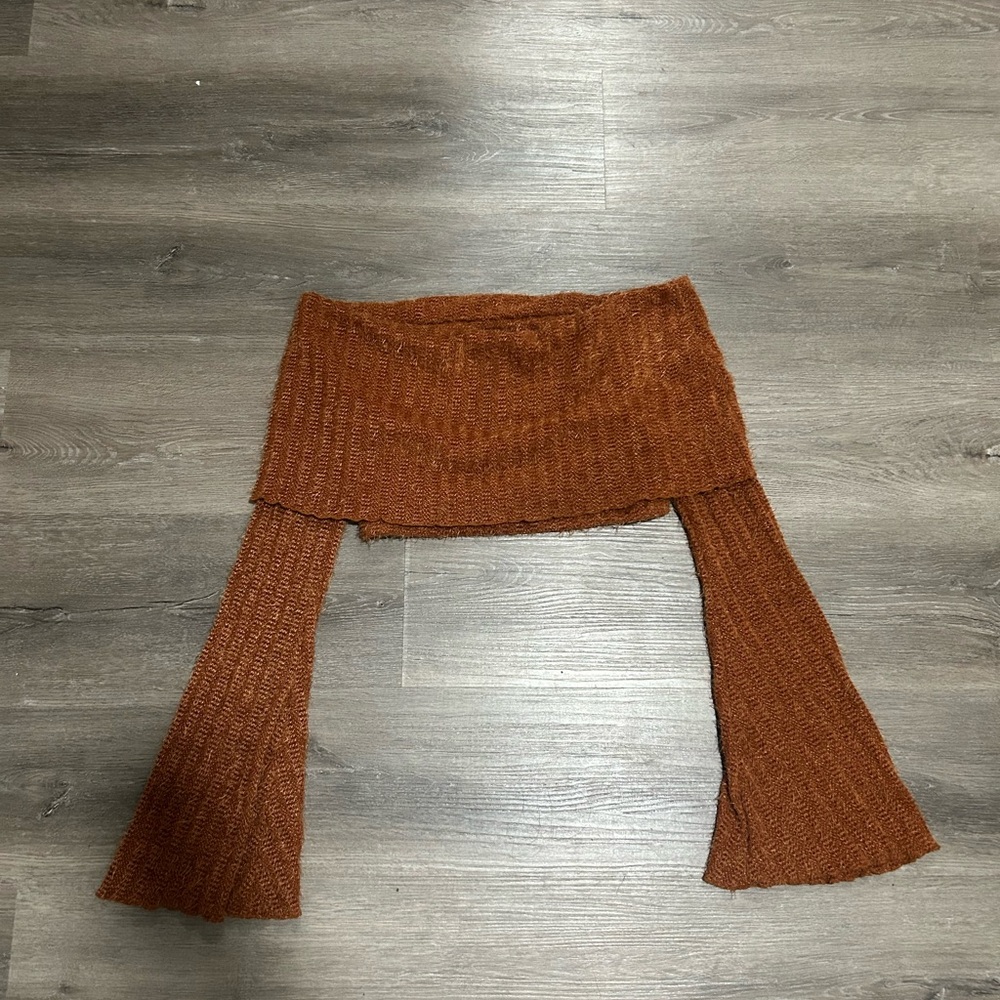 Silence + Noise Burnt Orange Fuzzy Knit Off the Shoulder Crop Top Sweater